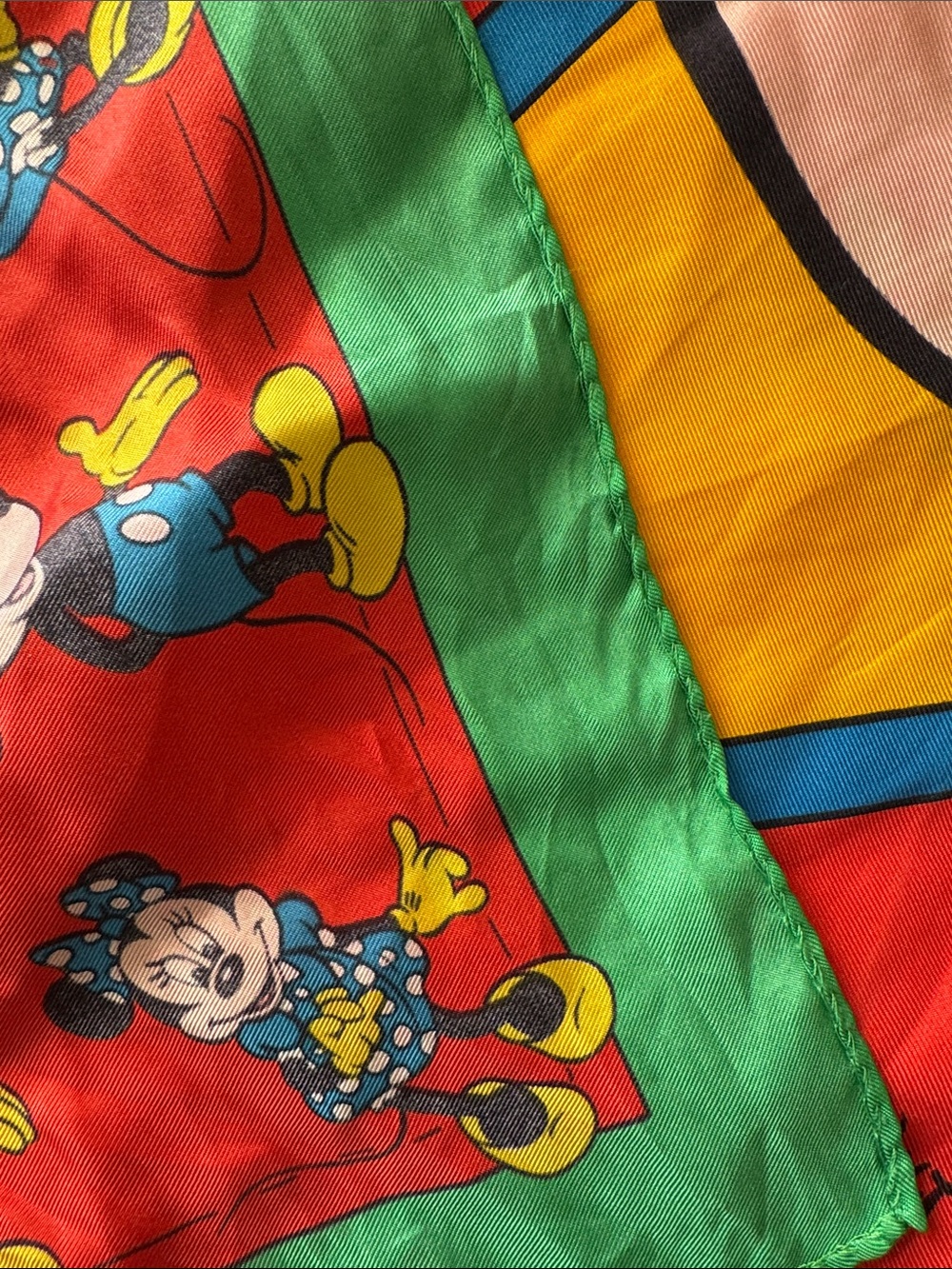 Vintage Disney Mickey Minnie Silk Scarf Red Green Star Graphic Italy Luxurious - Picture 6 of 12